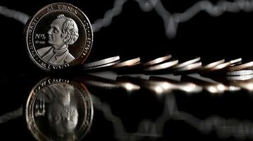 A coin and a stock graph are shown on a black background photo