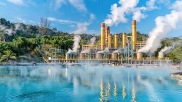 Steam from a power plant in the water photo