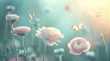 Pink flowers and butterflies in a field with green grass photo