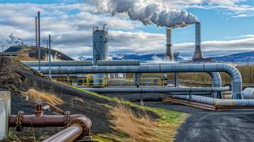 A factory with pipes and smoke coming out of it photo