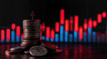 A stack of coins with an arrow pointing up photo