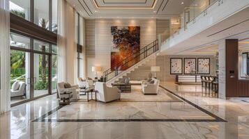 A large living room with marble floors and a staircase photo