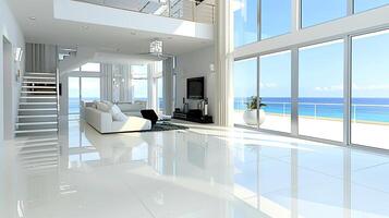 A large living room with a large window overlooking the ocean photo