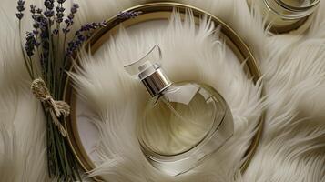 A bottle of perfume and a vase of lavender photo
