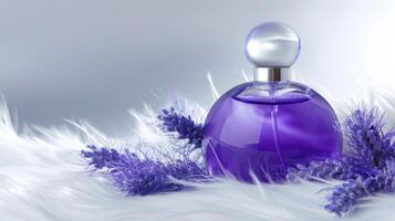 A purple perfume bottle with lavender flowers on a white fur photo