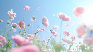 Pink flowers and butterflies in the sky photo