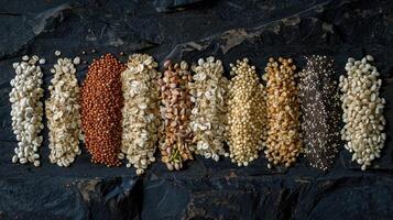 A variety of different types of seeds are arranged in a row photo