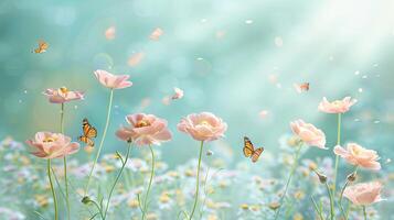 Pink flowers and butterflies in a field with a blue sky photo