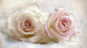 Two pink roses are sitting on a white cloth photo