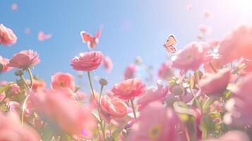 Pink flowers and butterflies flying over a field photo