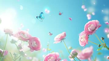 Pink flowers and butterflies in the sky photo