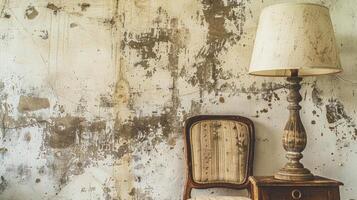 A lamp and a chair sitting in front of a wall photo