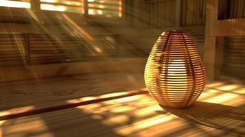 A lamp sitting on a wooden table photo