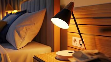 A bed with a lamp on it photo