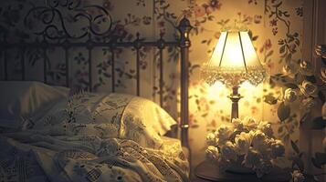 un cama con un lámpara y flores en el mesita de noche foto