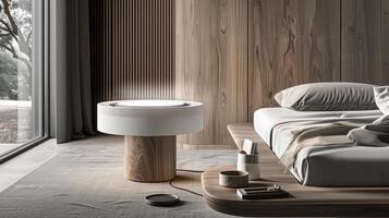 A bedroom with a bed, nightstand and window photo
