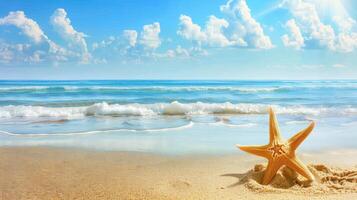 Starfish on the beach with blue sky and white clouds photo