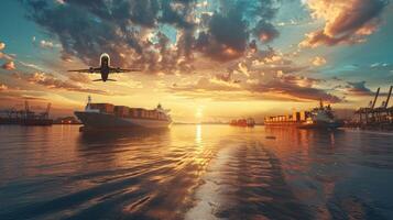 An airplane flies over a ship and cargo containers photo