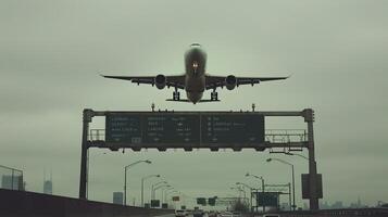 A plane flying over a highway photo