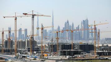 Construction cranes are seen in front of a city skyline photo