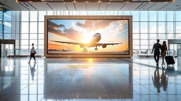 A large screen in an airport with people walking by photo
