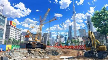 A construction site with construction equipment and buildings photo