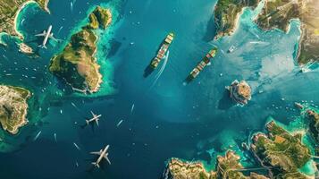 Aerial view of ships and planes flying over the ocean photo