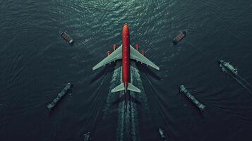 A red airplane flying over water photo
