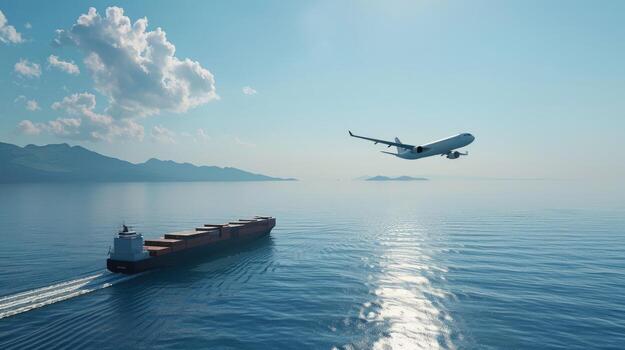 An airplane flying over a ship in the ocean photo