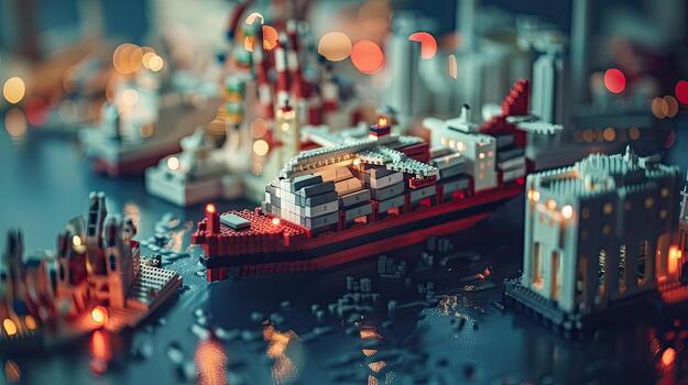 A model of a ship in a city with lights photo