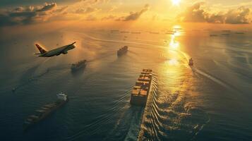 An airplane flying over a large body of water photo