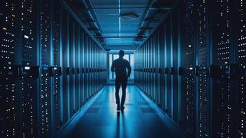 A man walks through a server room with many servers photo