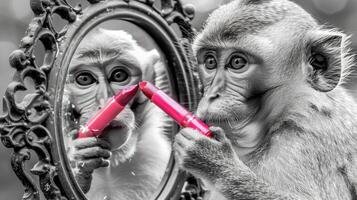 A monkey is looking in the mirror with a pink lipstick photo