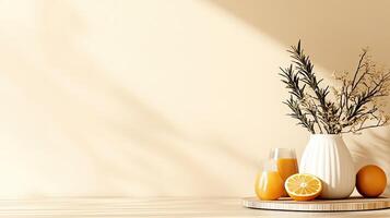 A white vase with oranges and a glass of orange juice photo