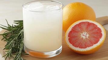 A glass of grapefruit juice with rosemary photo