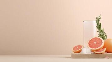 Grapefruit, rosemary and orange slices on a wooden tray photo