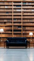 A blue couch in front of a large bookcase photo