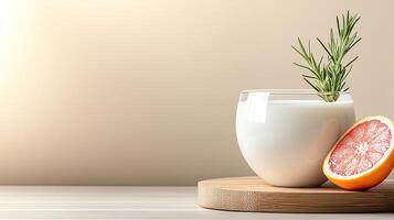 A glass of milk with a grapefruit and rosemary photo