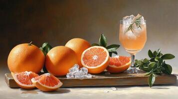 A painting of oranges and a glass of water photo