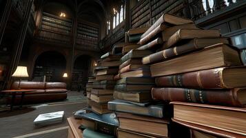 A pile of books in a library photo