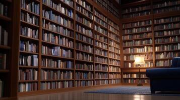 A library with a blue chair and bookshelves photo