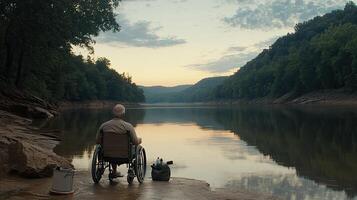 A man in a wheelchair sitting on a rock by a lake photo