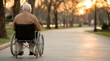 An elderly man in a wheelchair is walking down a road photo