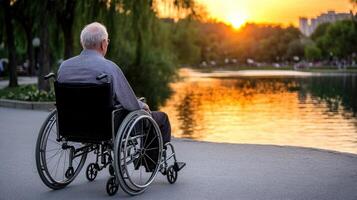 An elderly man in a wheelchair sitting by the water at sunset photo