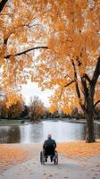 An elderly man in a wheelchair is sitting on the ground near a lake photo