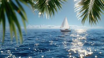 A sailboat is sailing in the ocean near palm trees photo