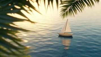 A sailboat floating in the ocean near palm trees photo