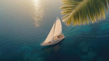 A sailboat is sailing in the ocean near palm trees photo