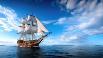 A sailing ship in the ocean with a blue sky photo