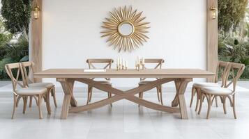 A modern dining table with chairs and sunburst mirror photo